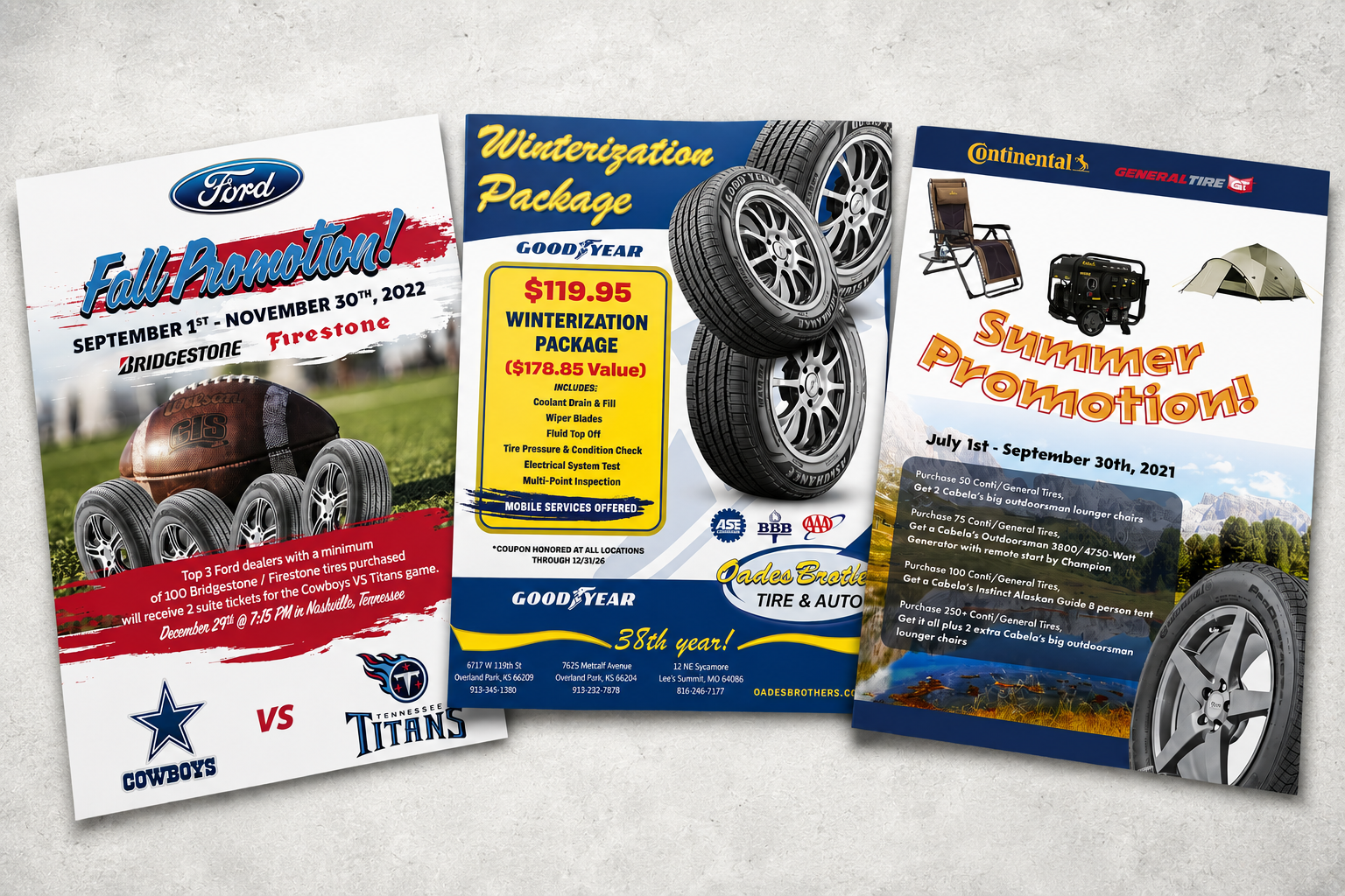 Three promotional flyers for automotive deals and events, featuring offers on tires and auto services, with patriotic and outdoor-themed designs, and prices highlighted.