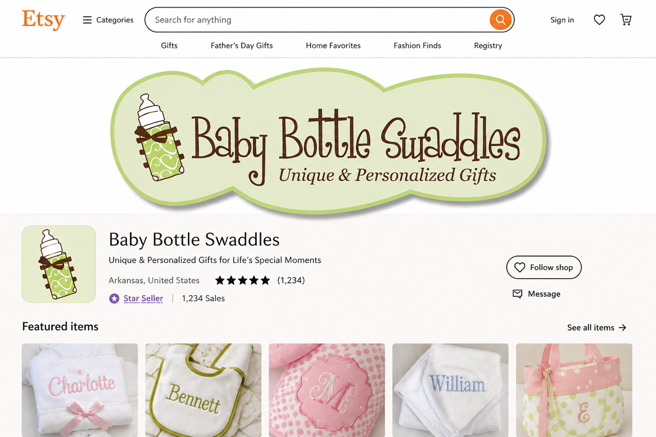 Etsy shop page featuring personalized baby bottle swaddles, with a logo showing a baby bottle wrapped in a green pattern with a bow, and sample personalized swaddle items with names embroidered on them.