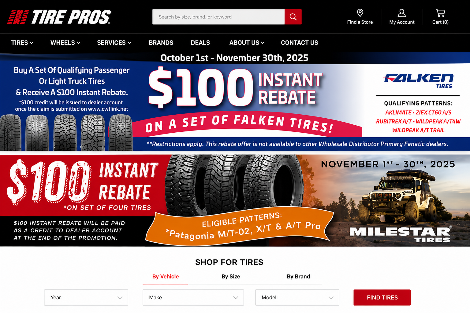 Advertisement for tire rebate offers from Tire Pros, featuring promotions for Falken Tires and Milestar Tires, valid from October 1 to November 30, 2025. Includes details about rebates for purchasing set of tires, eligible patterns, and categories to