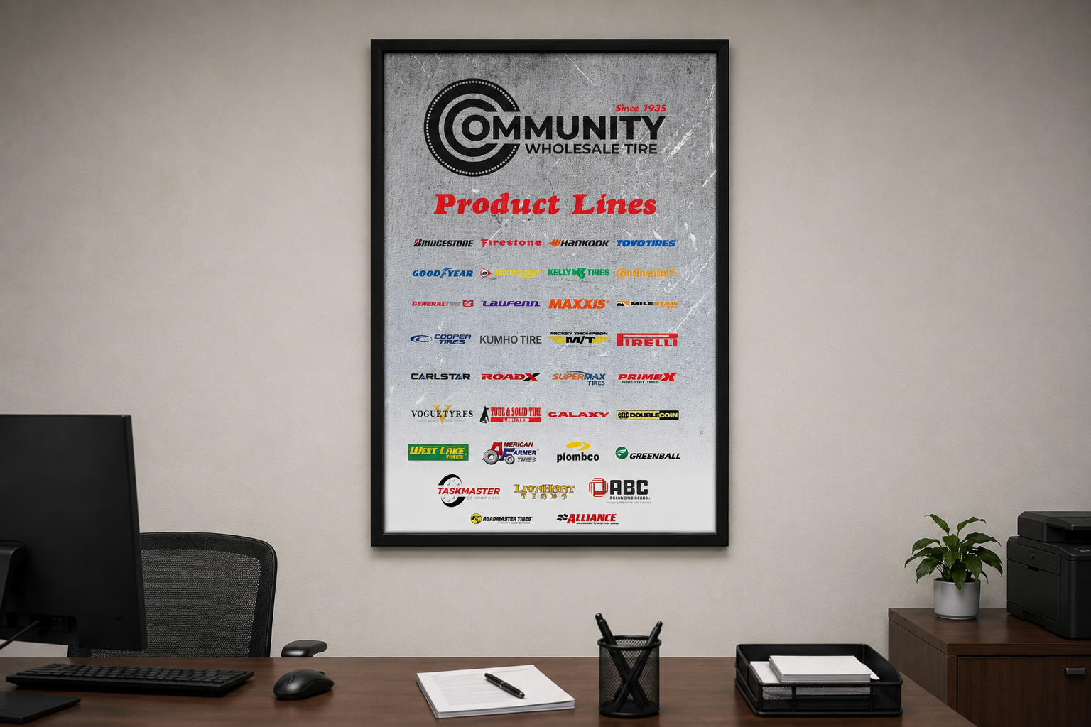 Product lines poster display in office.