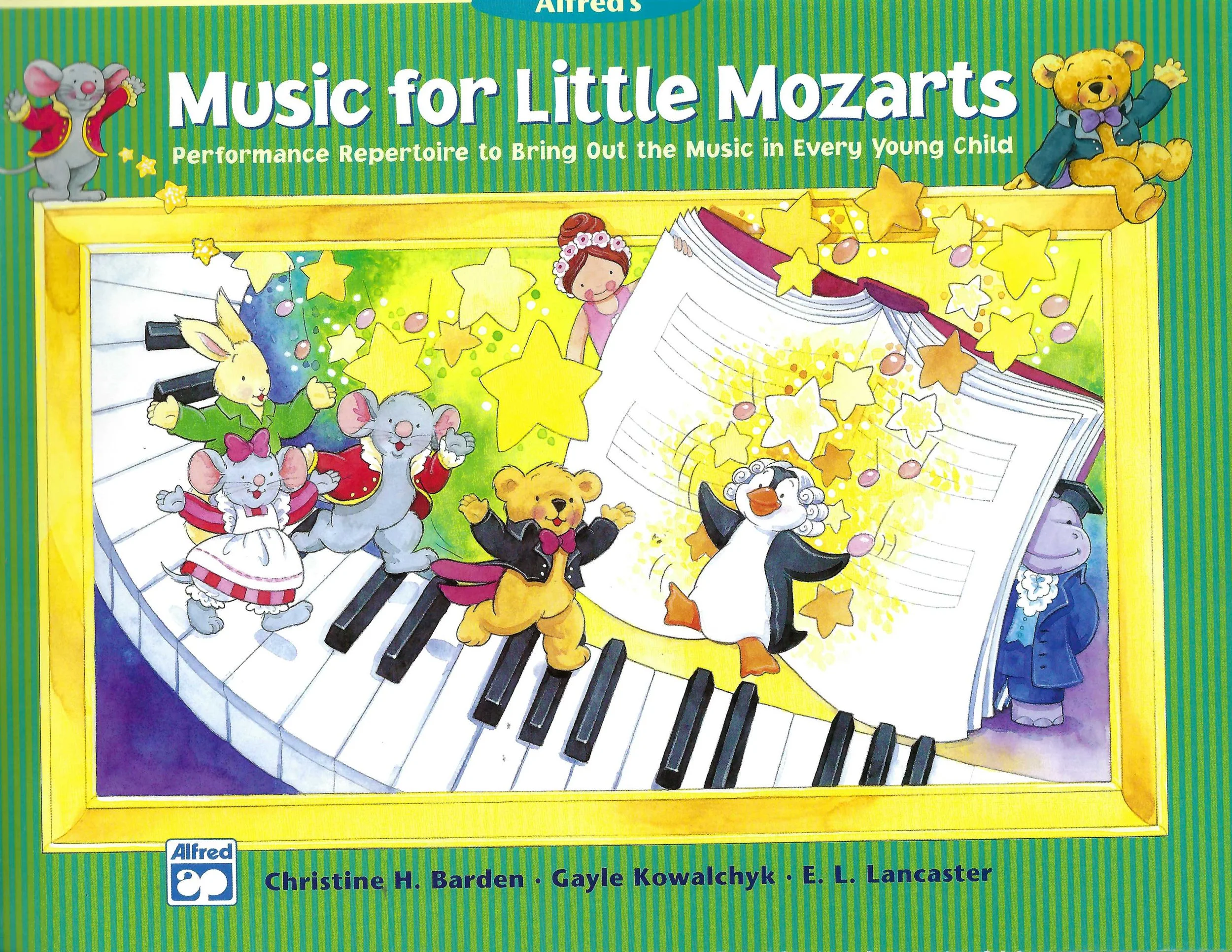 Colorful children's music book cover titled 'Music for Little Mozarts' featuring animated animals playing piano and conducting, with bright colors and playful illustrations.