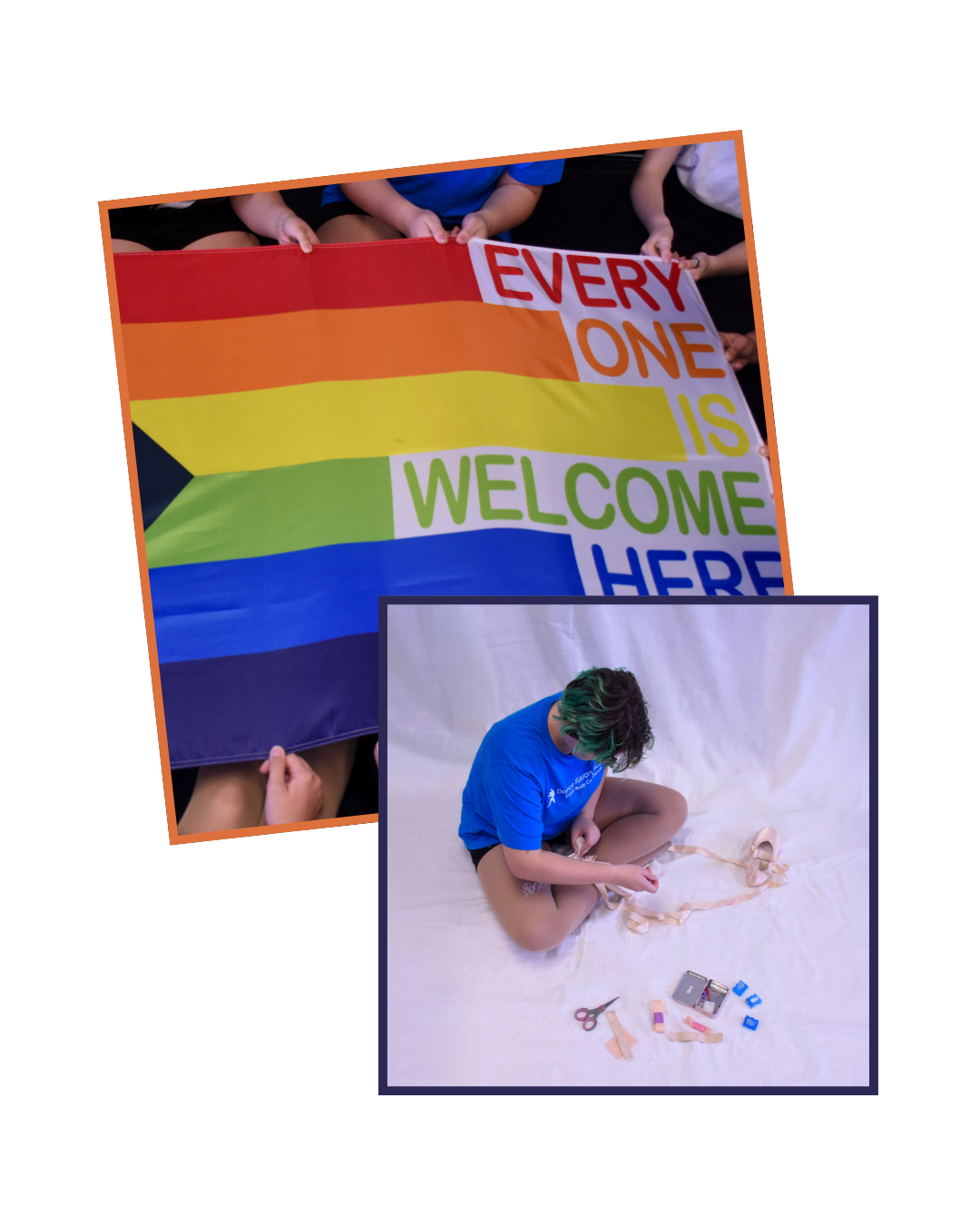 People holding a rainbow Pride flag with the message 'Everyone is Welcome Here,' and a person sitting on the floor with green-tinted hair, working with ribbons and craft supplies.