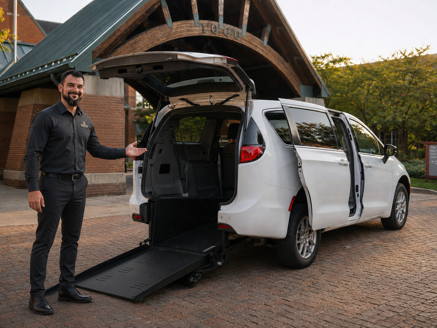 Ad Astra Mobility private chauffeur with wheelchair-accessible van, rear ramp deployed