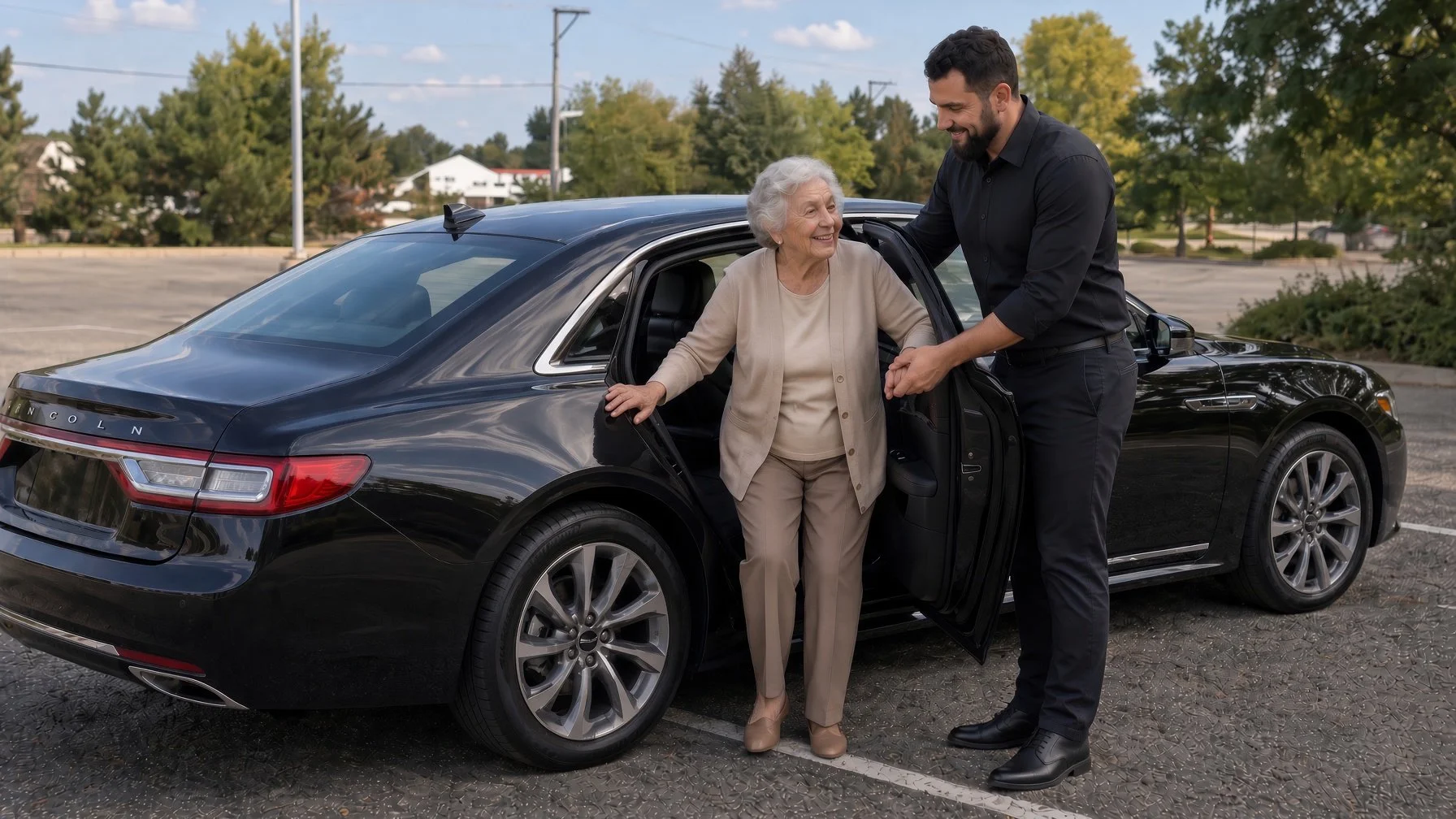 Barrington chauffeur helping elderly passenger get out of the vehicle