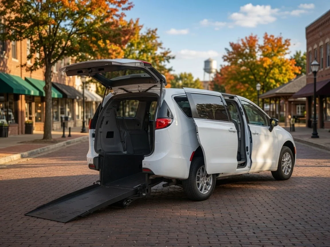 Ad Astra Mobility wheelchair-accessible van with rear ramp deployed on a downtown Barrington street
