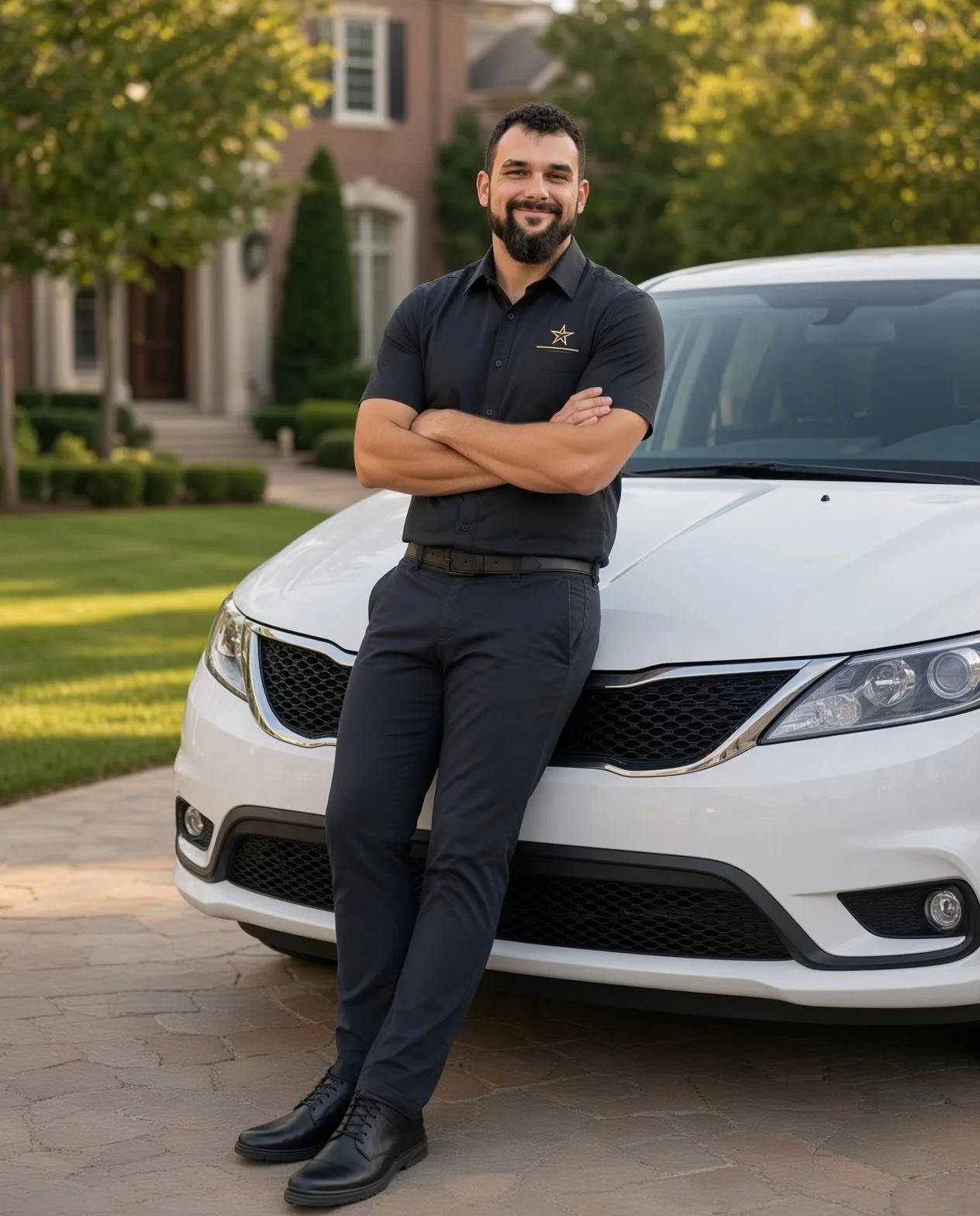 Ad Astra Mobility private chauffeur standing beside the company's wheelchair-accessible van outside a client's home in Barrington, Illinois