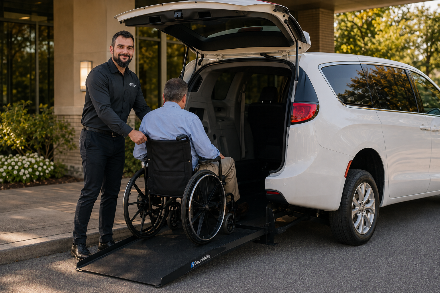 Ad Astra Mobility chauffeur assisting a senior into a wheelchair-accessible van at a Barrington, Illinois home