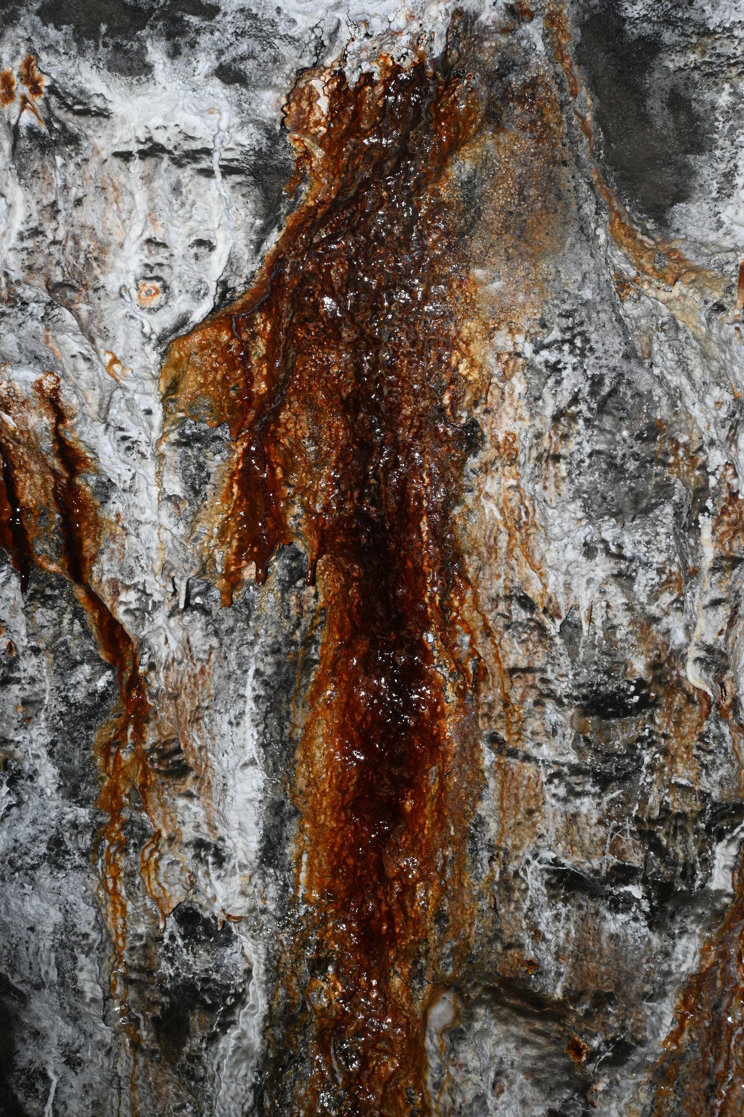 Close-up of a mineral or rock formation with brown, black, gray, and white colors and various textures.