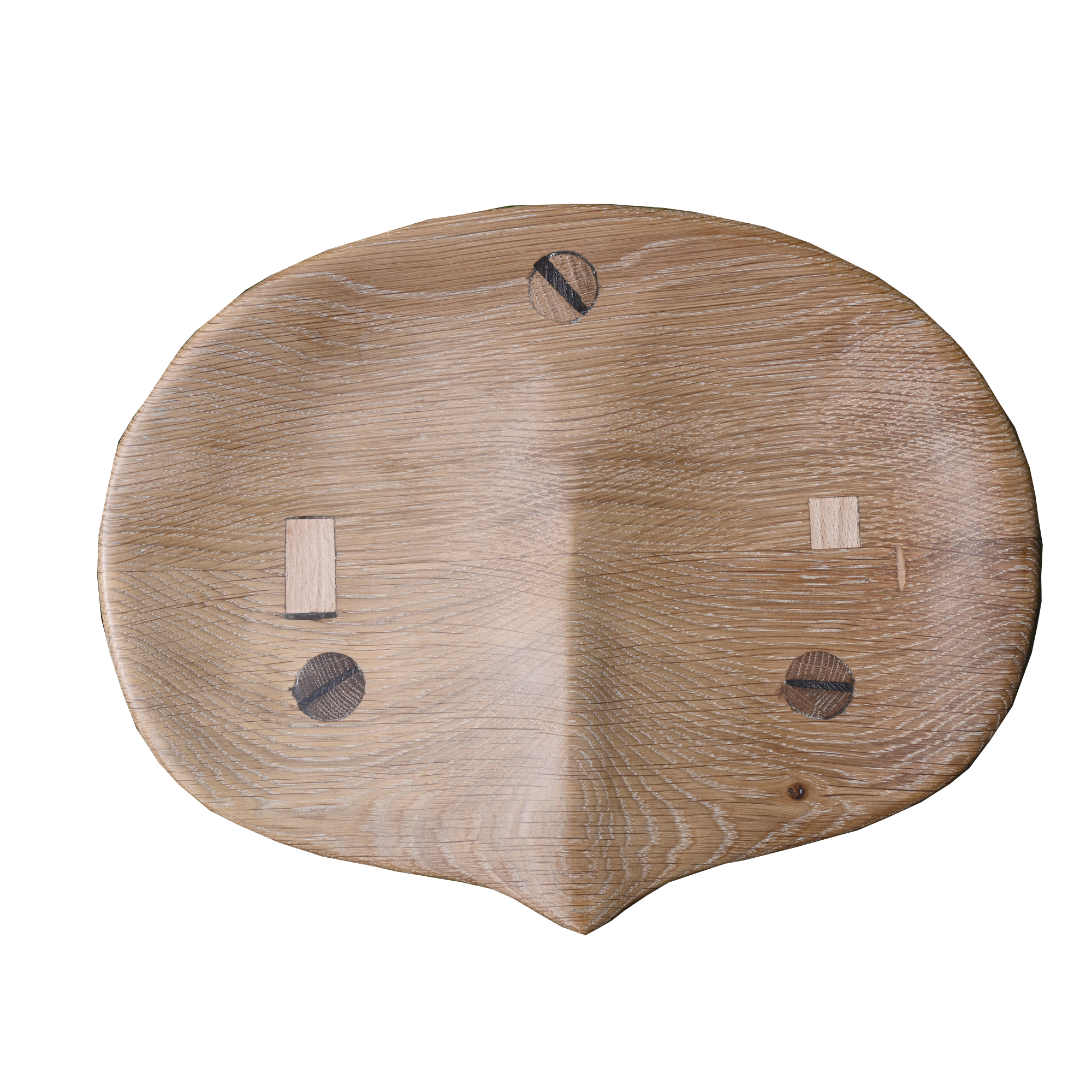 Close-up of a wooden object with a black screw and wooden supports.