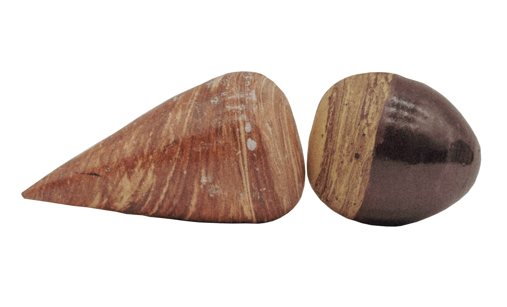 Two polished stones with smooth, rounded shapes and natural wood-like patterns.