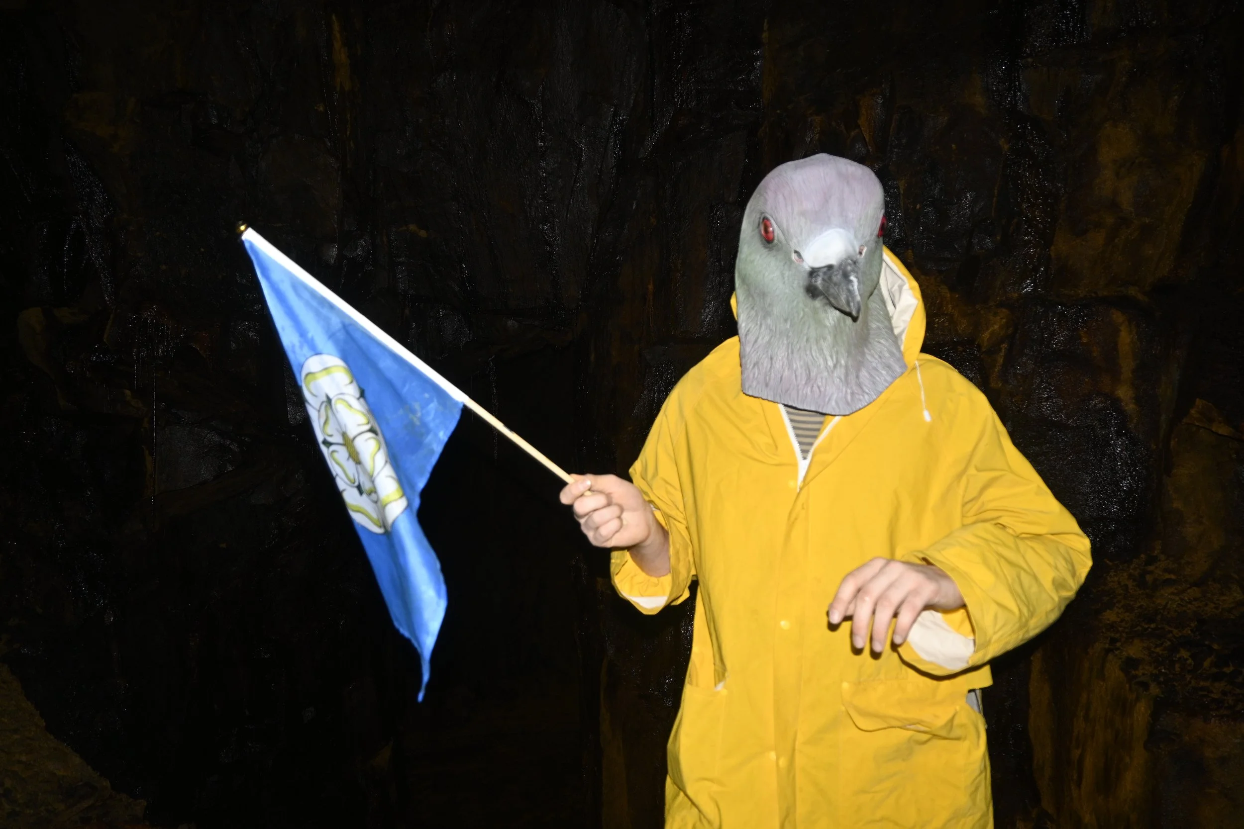 Person wearing a gorilla mask, yellow rain jacket, holding a flag, standing in a dark, wet cave or tunnel.