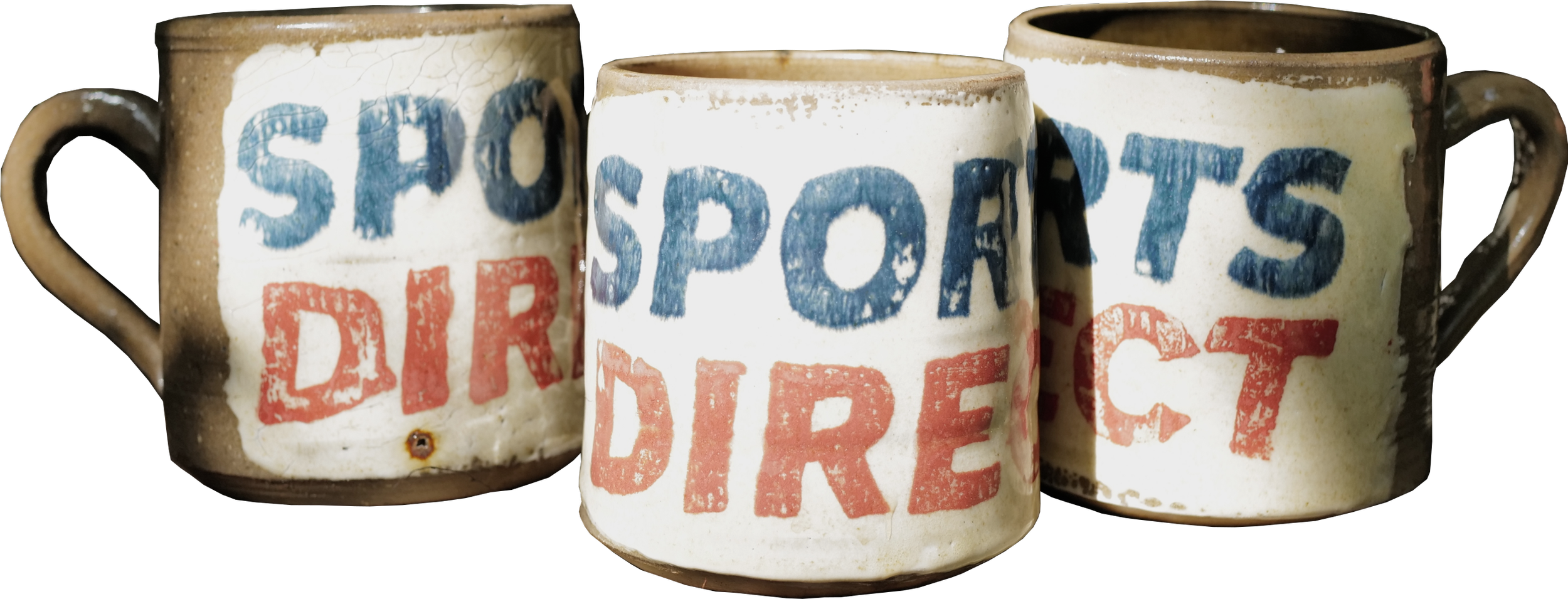 Three vintage ceramic mugs with striped handles, each featuring the words "SPORTS DRIFT" in blue and red distressed lettering.