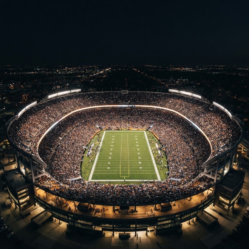 Aerial blimp view of a lit football stadium at night, AI-generated