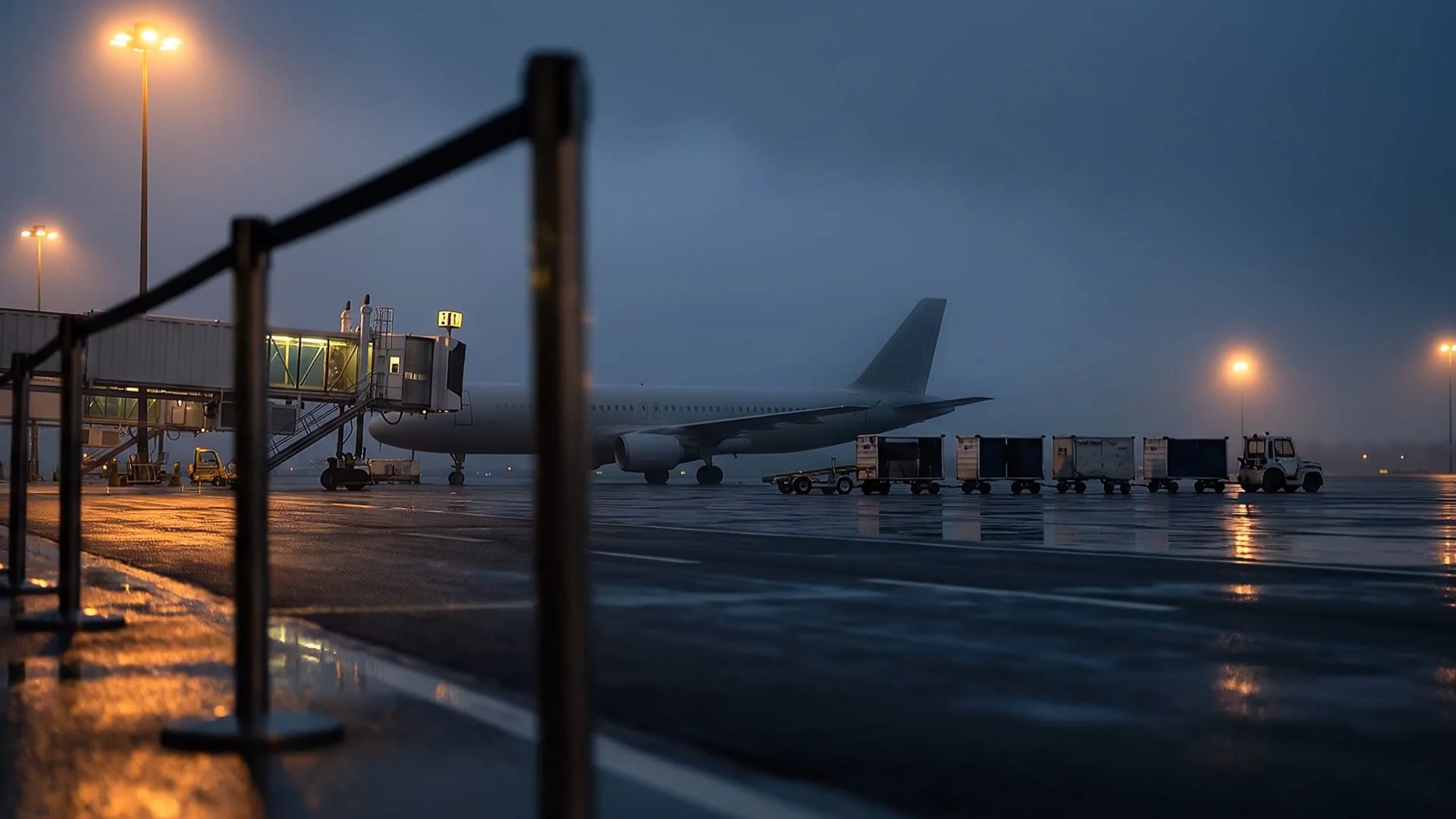 AI-generated SaaS explainer video: an airport apron at dusk with a jet at the gate