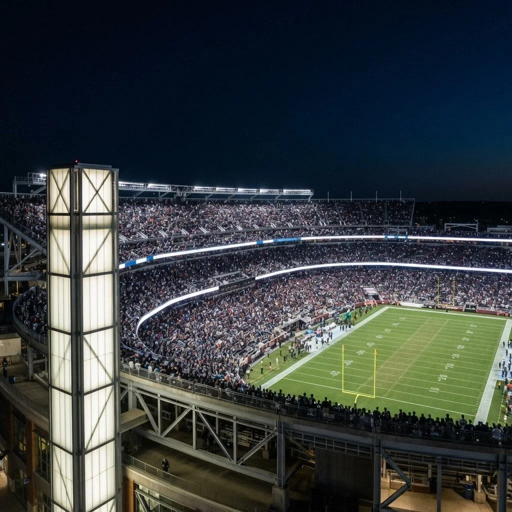Upper-concourse view of a night football game beside a stadium light tower, AI-generated