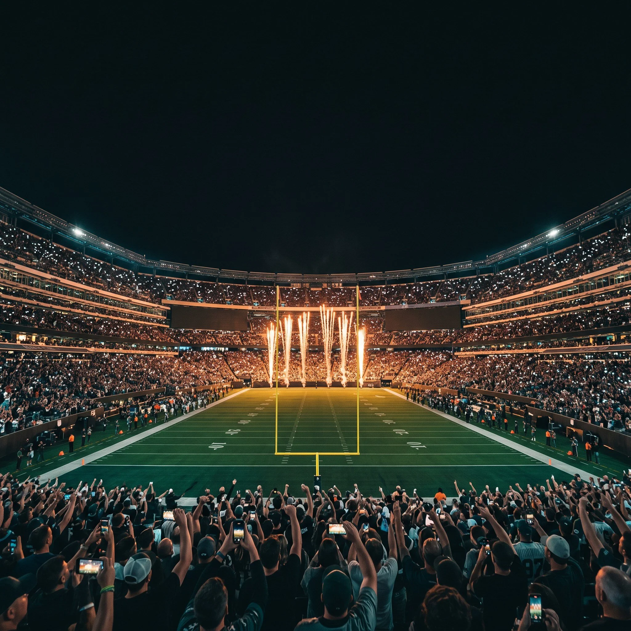 AI-generated night football stadium with fireworks above the field and fans filming from the stands