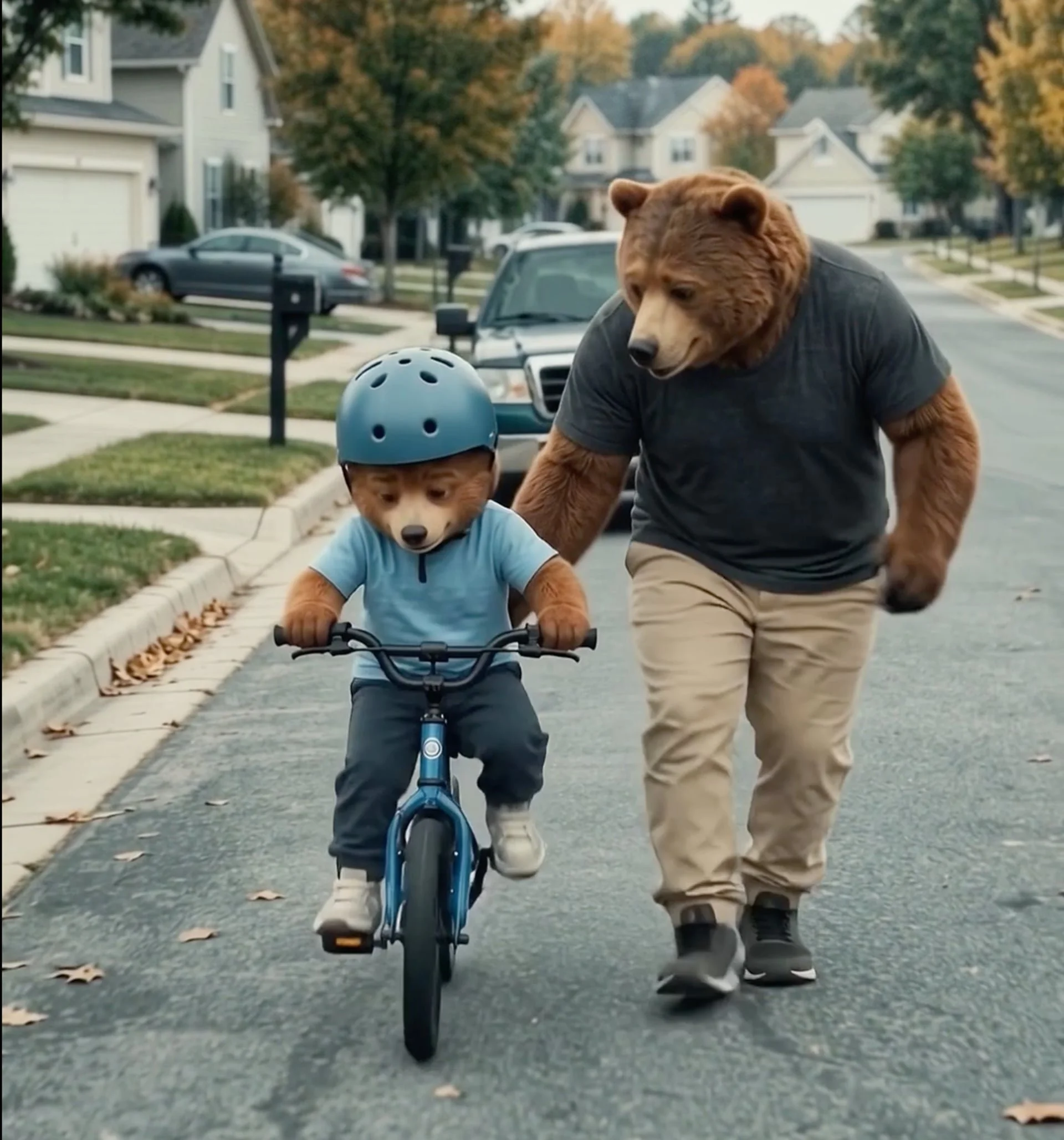 AI-generated character animation: a bear mascot teaching a child to ride a bike