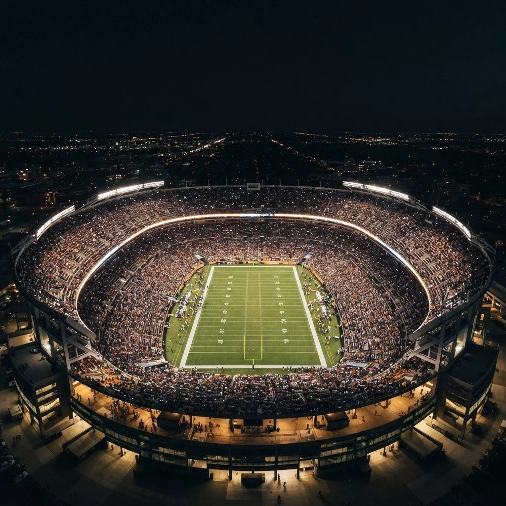 AI-generated aerial blimp view of a football stadium at night