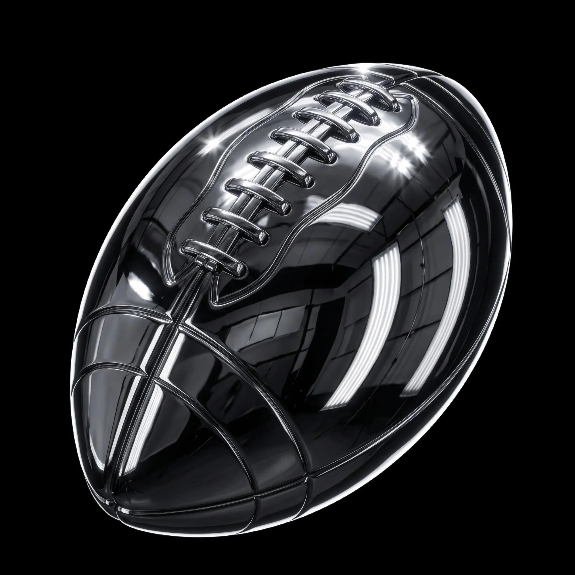 Black chrome 3D football render on a black background