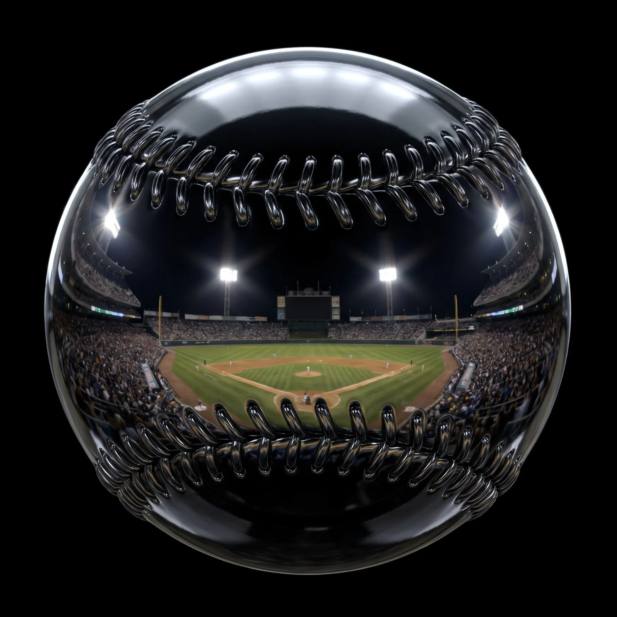 Chrome 3D baseball render reflecting a stadium under lights