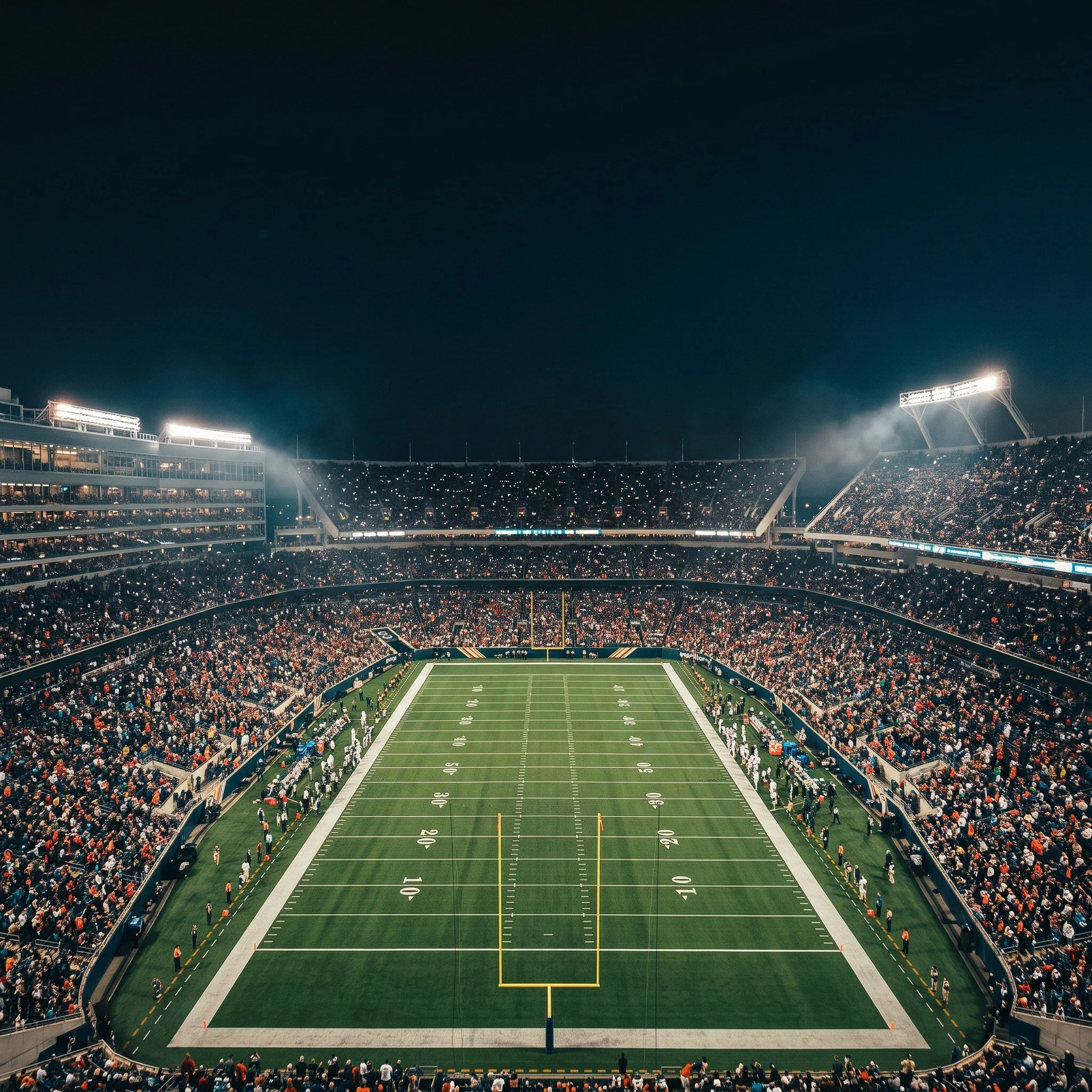 Mid-deck view across a full football stadium at night, AI-generated