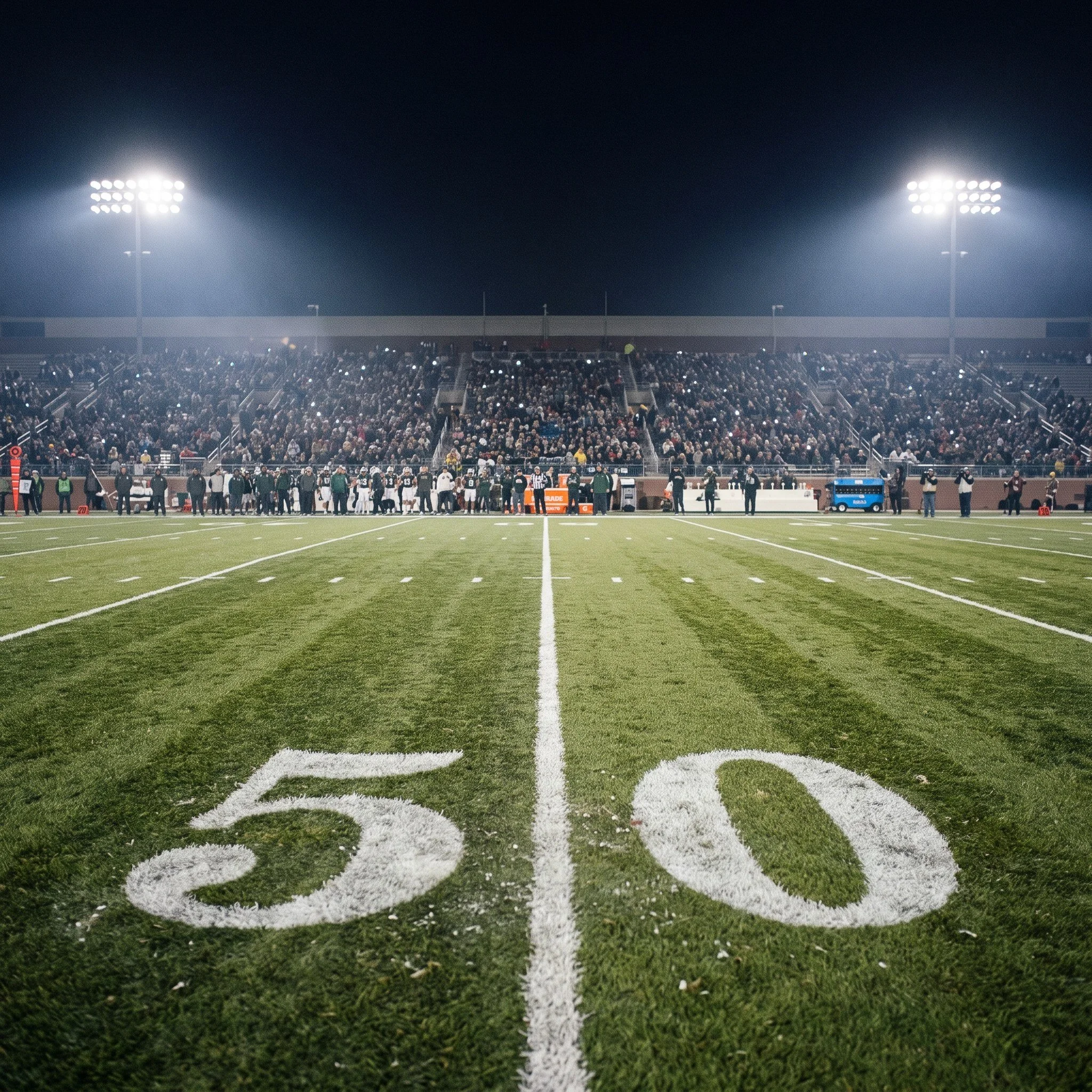 Field-level view of the 50-yard line under stadium lights, AI-generated