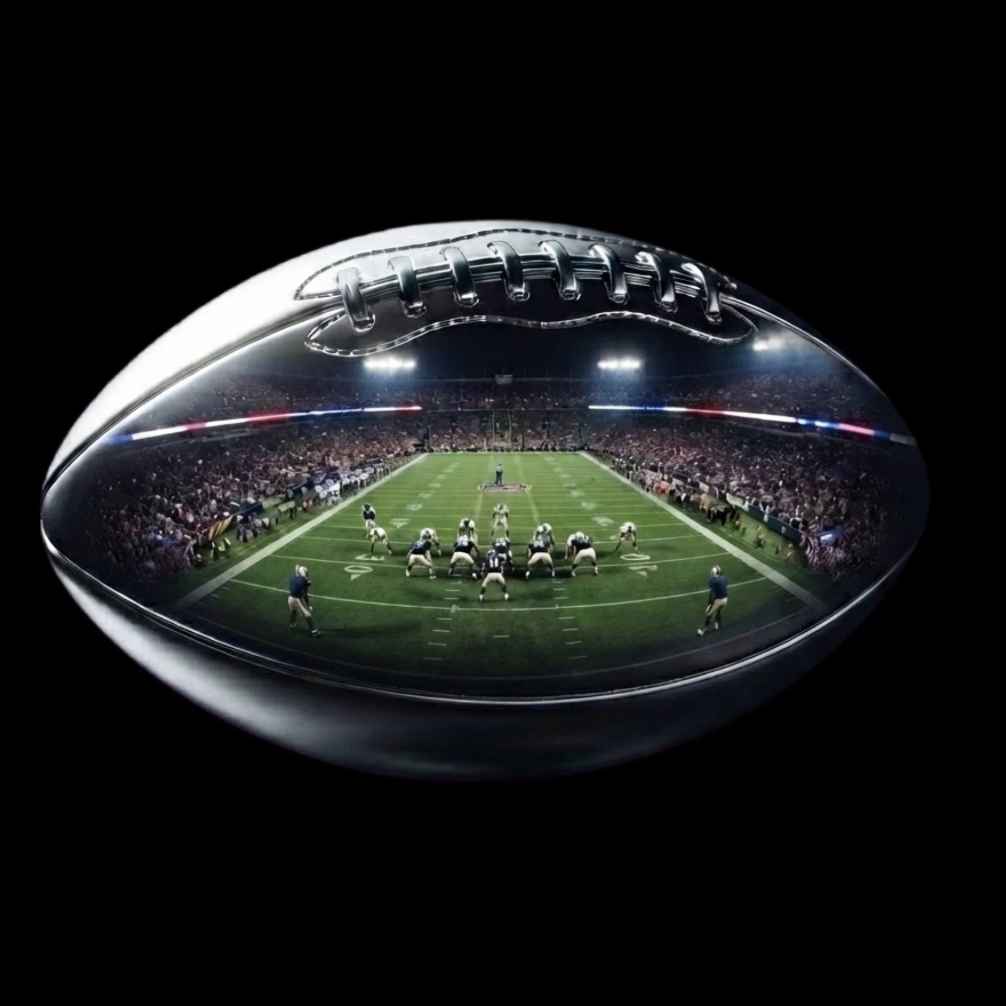 Chrome 3D football render reflecting a packed stadium and field