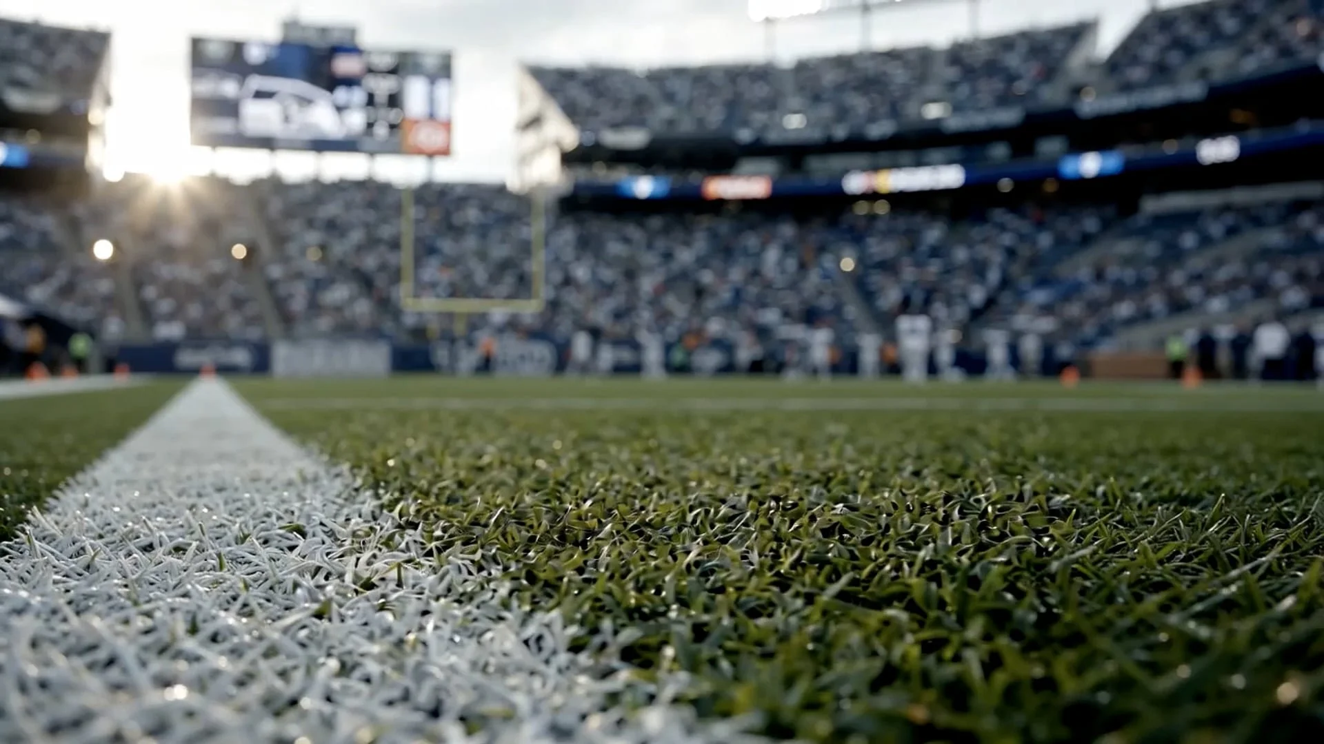 AI-generated sports video: field-level view of a packed football stadium