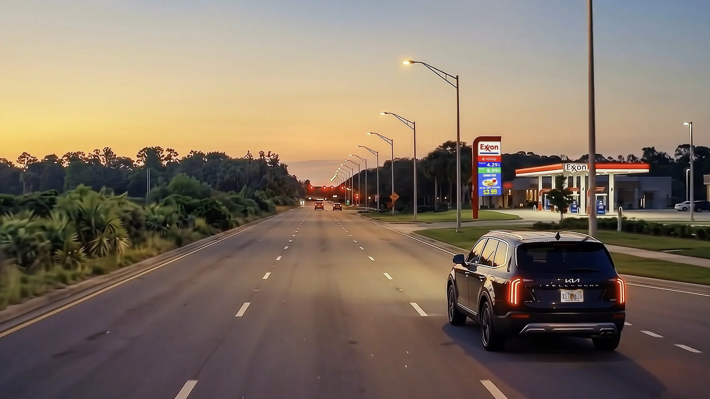 SUV driving toward a fuel station at dusk, from an AI-generated trade show LED loop for a digital signage maker