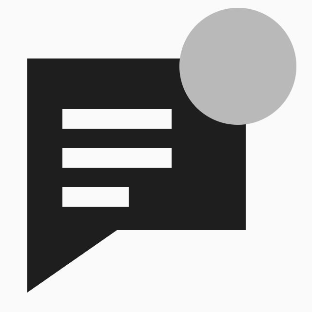 Bauhaus-style icon for the brief step: a speech bubble with lines of text and a grey circle