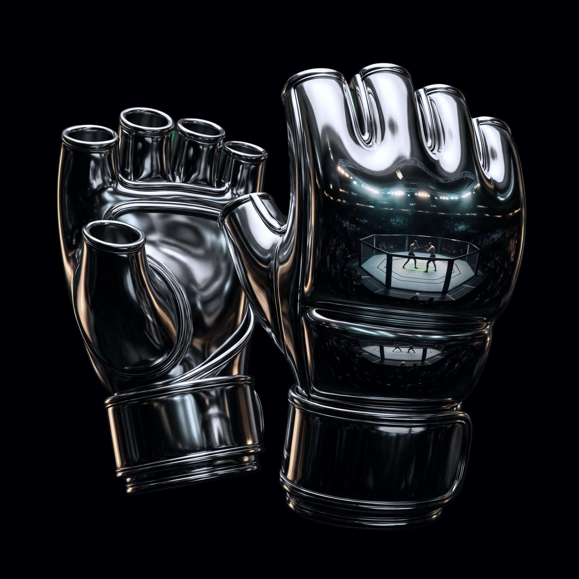 Pair of chrome 3D MMA gloves rendered on a black background