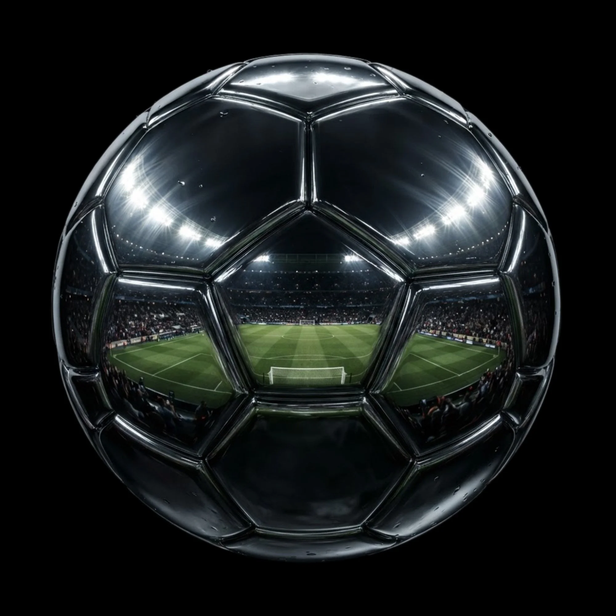 Chrome 3D soccer ball render reflecting a stadium