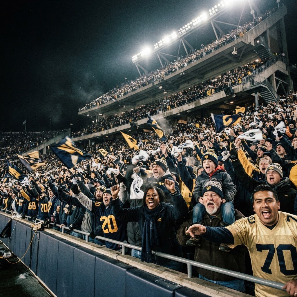 Football fans cheering in the stands at a night game, AI-generated crowd shot
