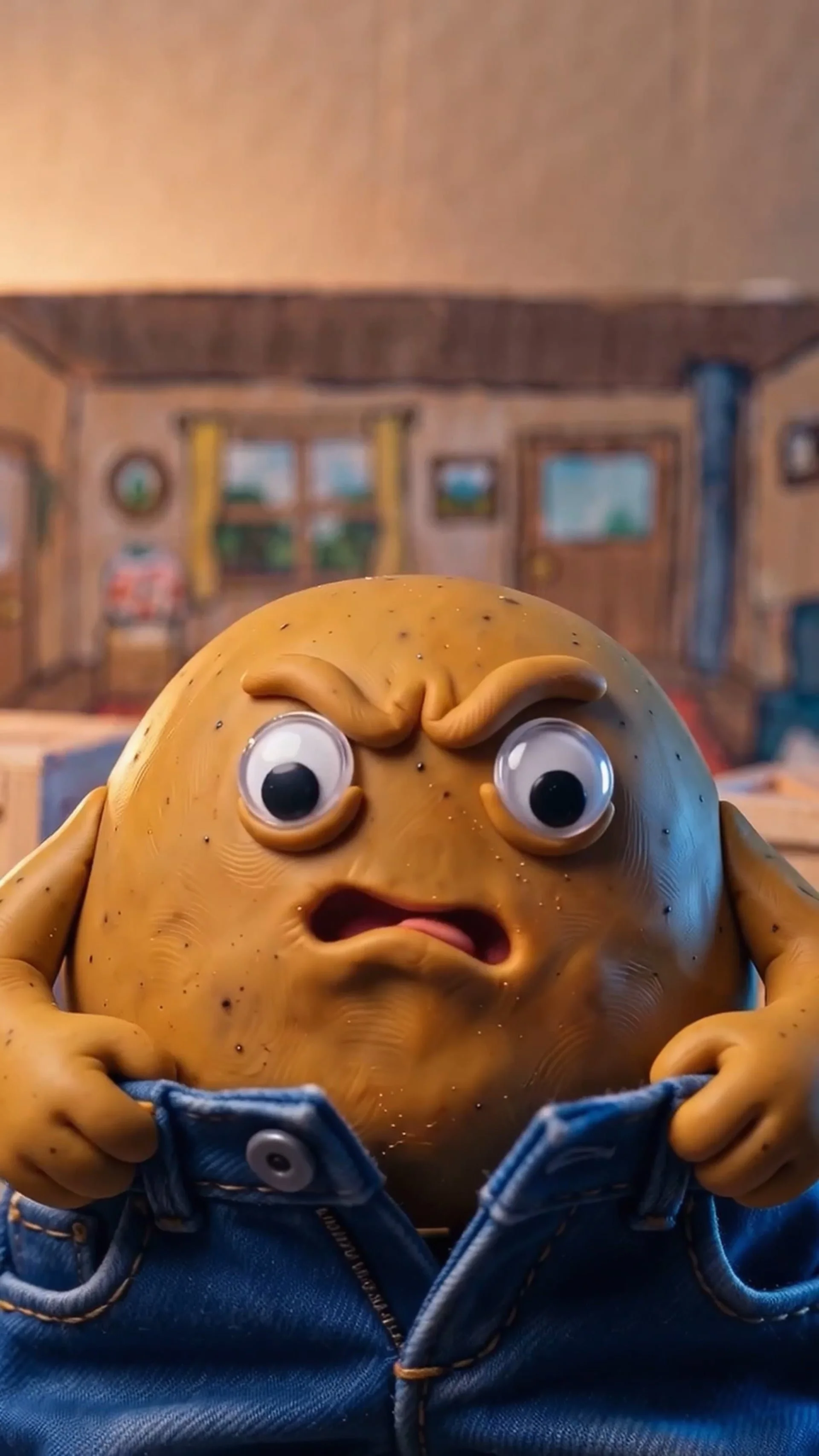 AI-generated stop-motion claymation: Spud, a potato character in denim overalls