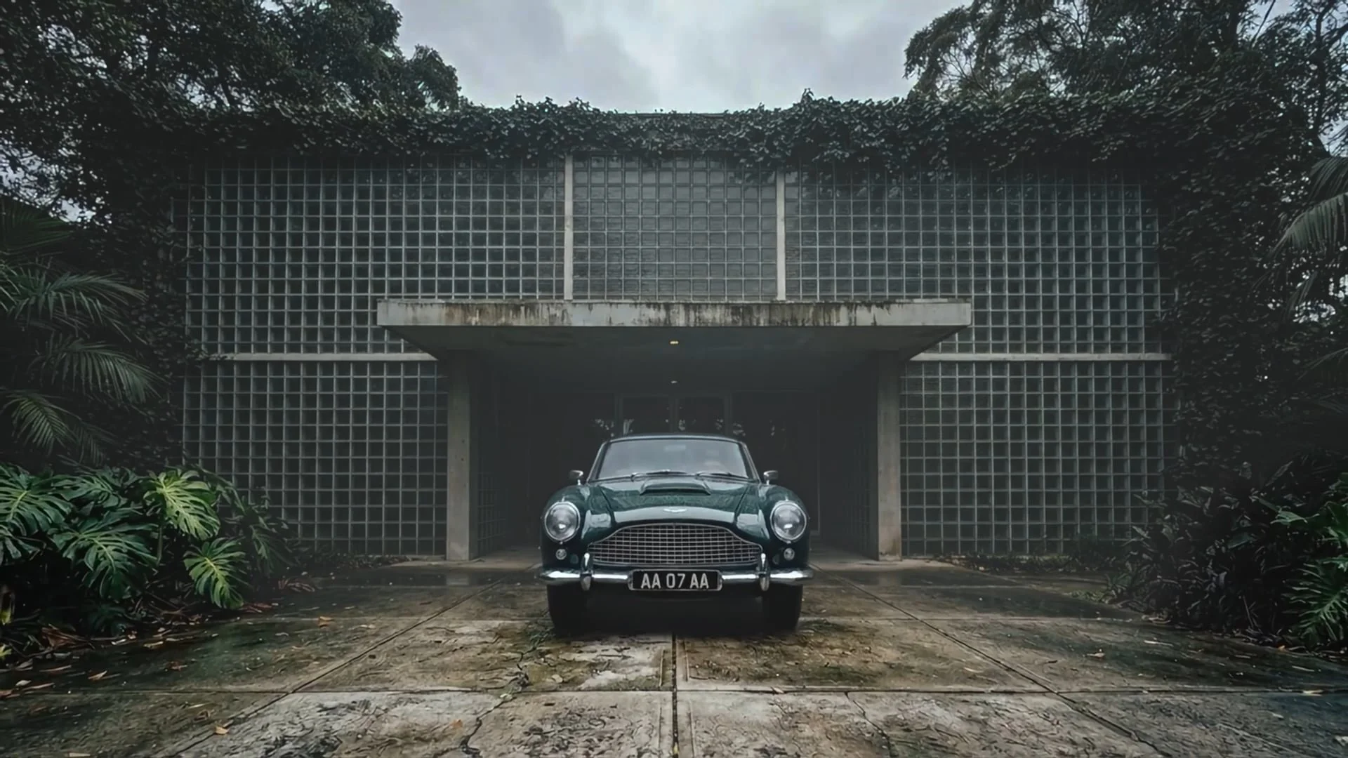 AI-generated automotive video: a vintage Aston Martin in a hazy modernist driveway