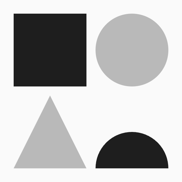 Bauhaus-style icon for the storyboard and blockout step: a square, circle, triangle and half circle arranged in a grid