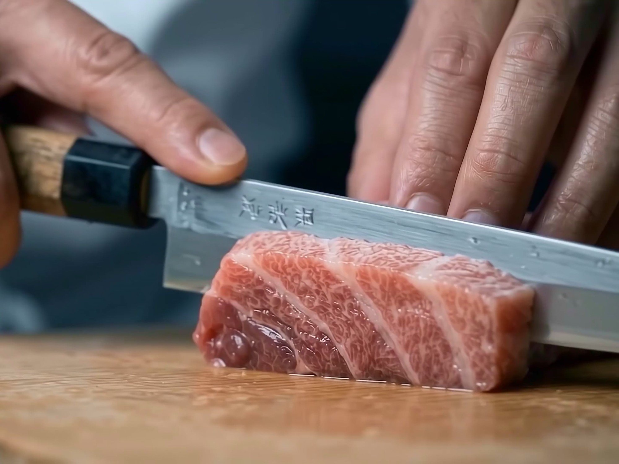AI-generated food film: a chef slicing marbled bluefin otoro on a wooden board