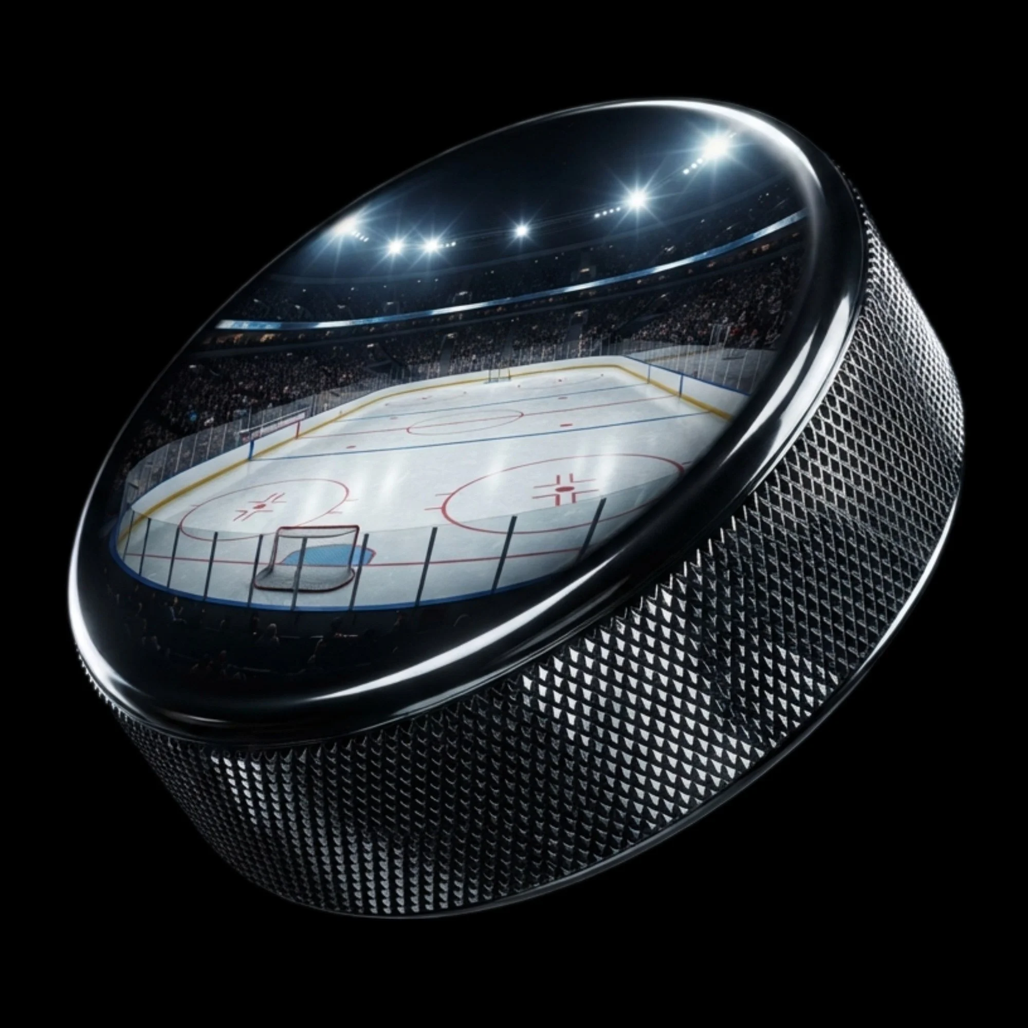 Chrome 3D hockey puck render reflecting an ice rink