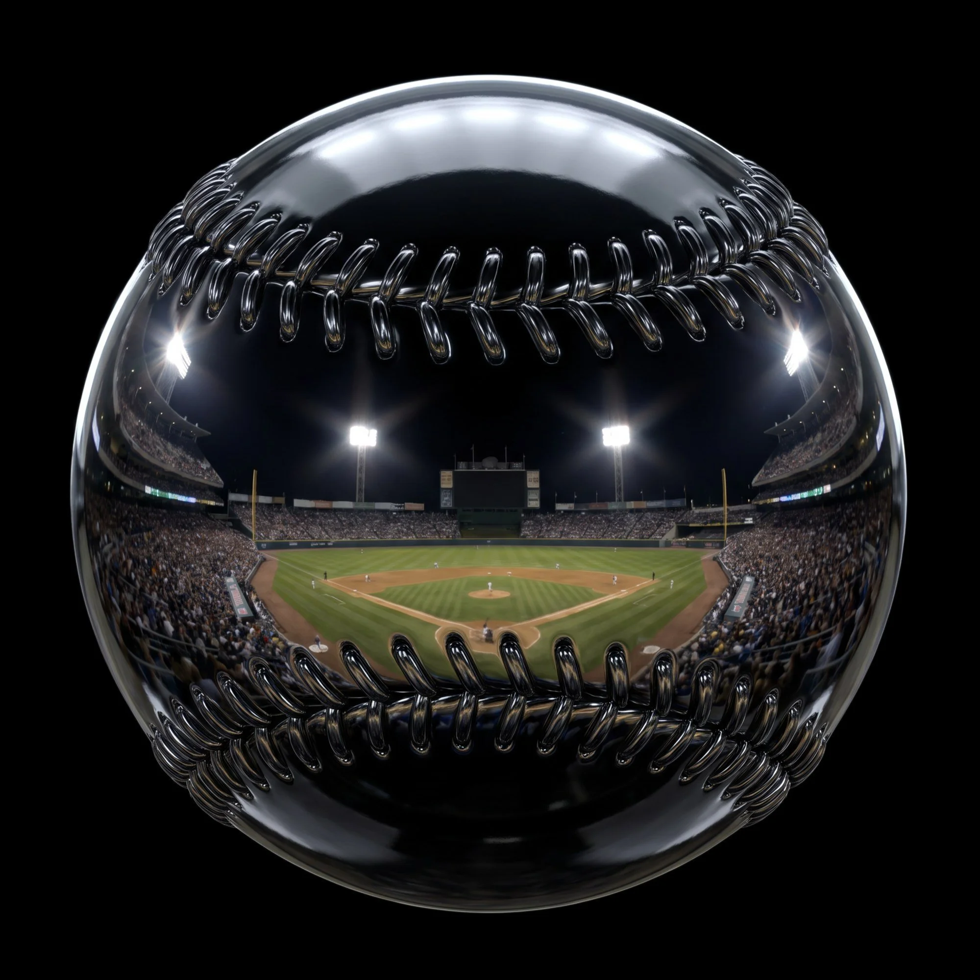 AI-generated 3D chrome baseball reflecting a stadium