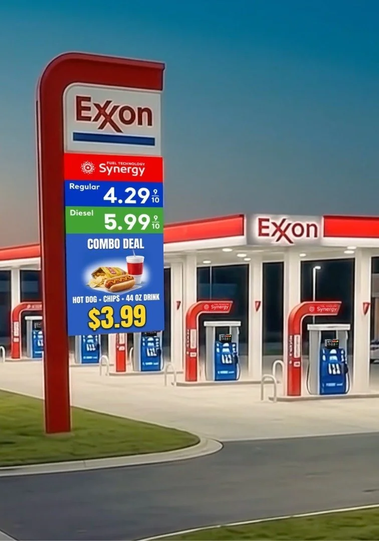 Able Applied Technologies AI trade show video: an LED price pylon with a combo-deal screen in front of a fuel station at dusk