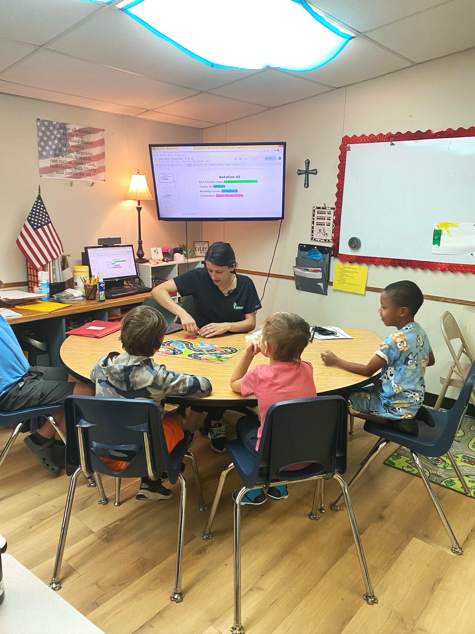 A classroom with children sitting around a wooden table, a teacher leading an activity, a large screen on the wall displaying a presentation titled 'Rotation #2', and American flags displayed in the room.