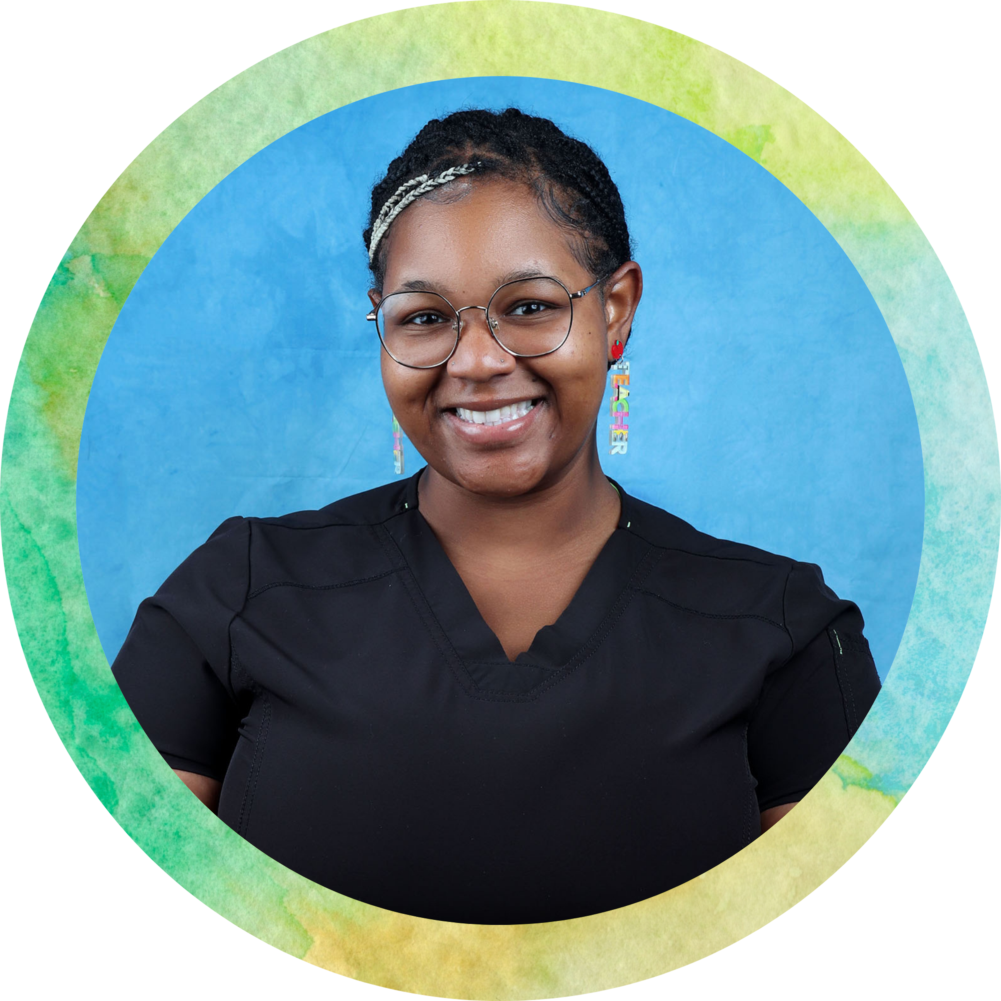 Close-up of a smiling person with glasses, wearing colorful earrings, and with braided hair, against a vibrant multicolored watercolor background with a blue circle.
