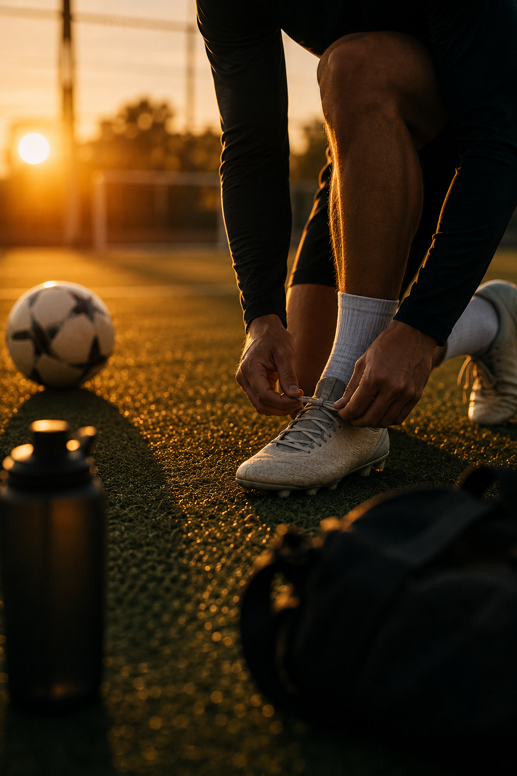 close up of a soccer player kneeling on the field tying his shoe.