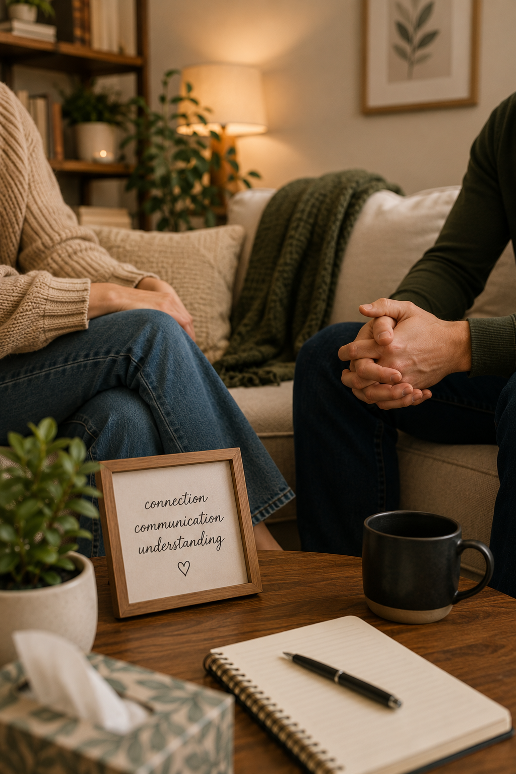 close up of a couple sitting on a couch facing each other with a small sign on the table saying "connection, communication, understanding".