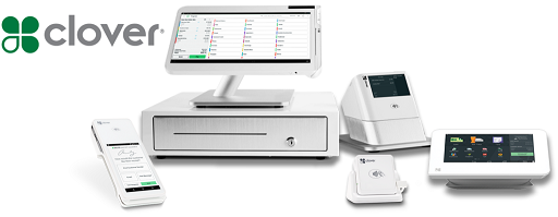 Clover point-of-sale system with a touchscreen, register, EMV & Contactless card reader, mobile device, and receipt printer.