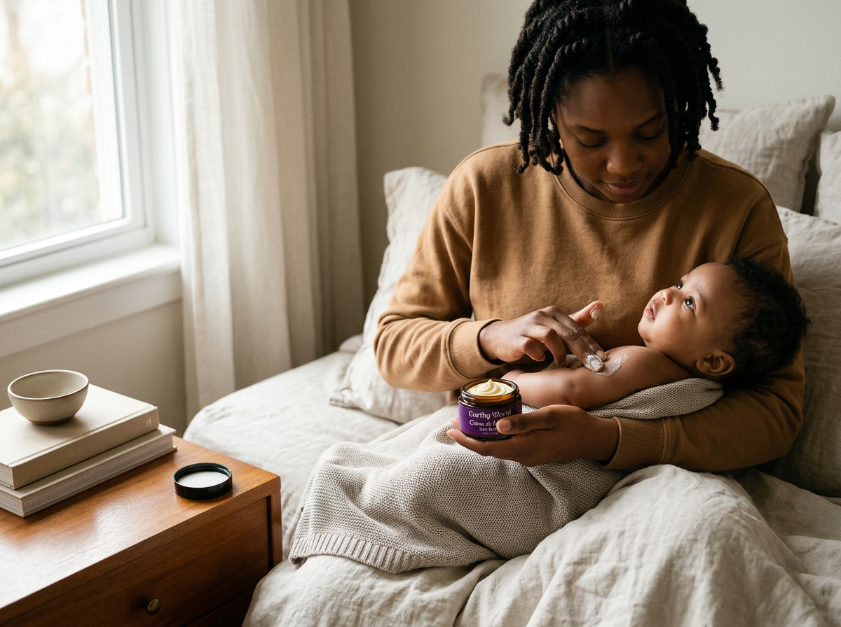 A mom applying fragrance-free whipped body butter on her baby.