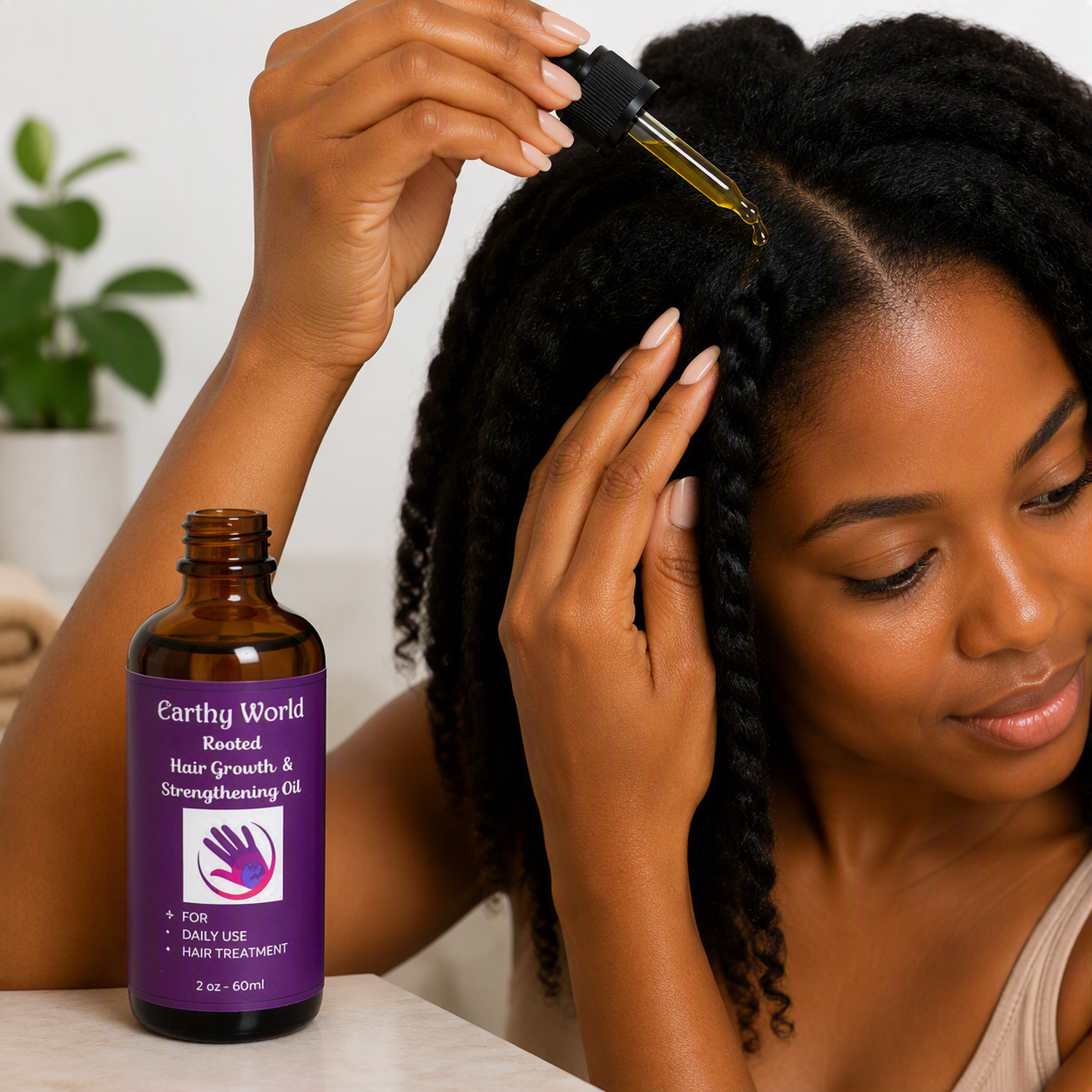 A woman applying ayurvedic strengthening hair oil to her scalp and hair.