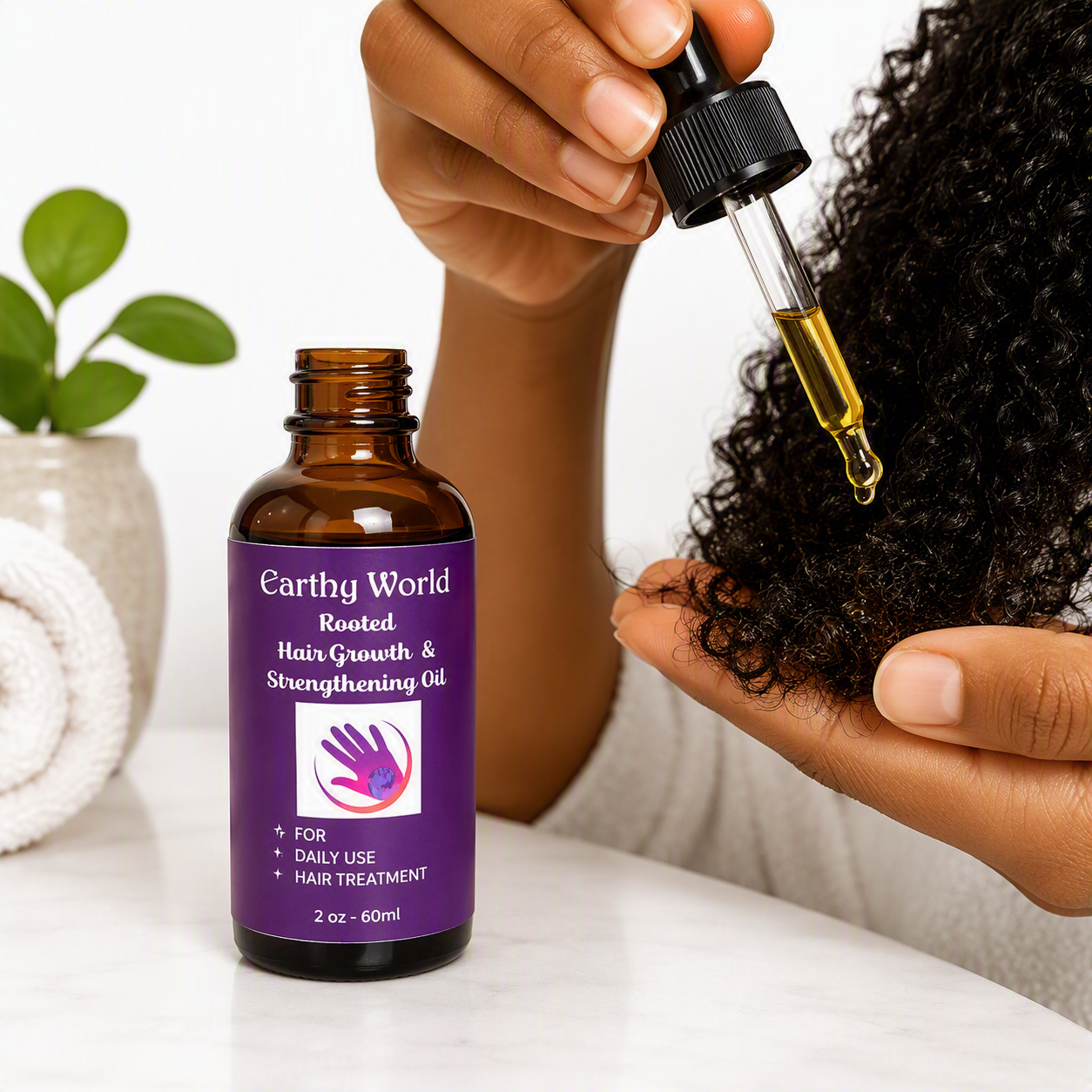 A woman is applying ayurvedic strengthening hair oil to the ends of her hair.