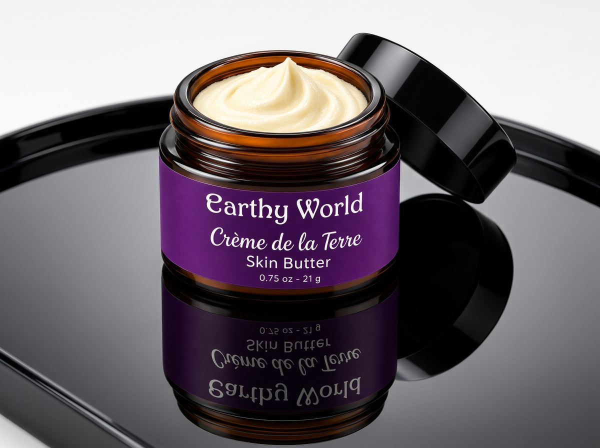 mirror reflection of an open jar of whipped plant-based body butter.