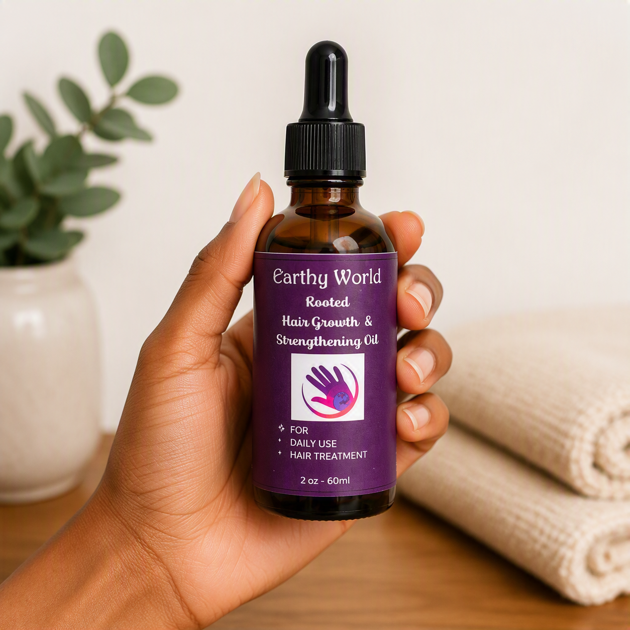 Handheld close up of bottle container ayurvedic hair oil.